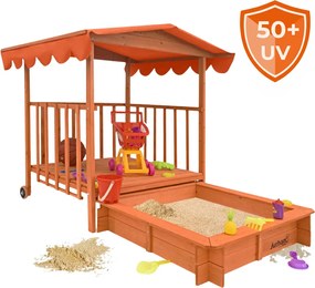 Piaskownica z werandą HAPPY, 130x130x143cm, brązowa/pomarańczowa Jurhan