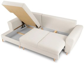 Beżowy rozkładany/ze schowkiem narożnik z materiału bouclé (lewostronny/z szezlongiem) Kyoto – Cosmopolitan Design