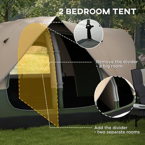Namiot kempingowy Outsunny, 2 pokoje, ścianka działowa, dla 6 osób, z ochroną przeciwdeszczową, ciemnozielony