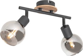 Plafon art deco czarny z przydymionym szkłem i drewnem 2-źródła światła - Vidro