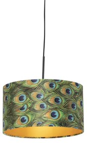 Lampa wisząca z abażurem z aksamitu w kolorze pawia ze złotem 35 cm - Combi klasyczny/Antyczny Oswietlenie wewnetrzne