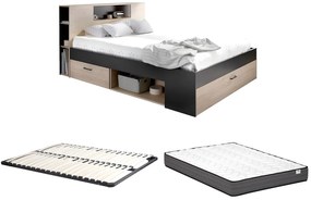 Łóżko ze skrzynią i szufladami - 160 x 200 cm - Kolory: naturalny i antracyt + Stelaż + Materac - LEANDRE