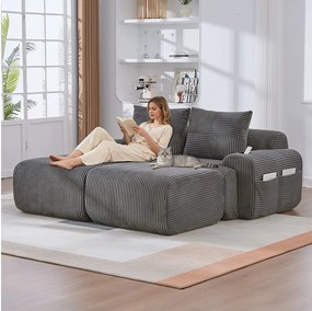 Modułowa sofa 2-osobowa - 200 x 174 x 80 cm - z 2 pufami + uchwytami na kubki + kieszenią do przechowywania - aksamit - ciemnoszary