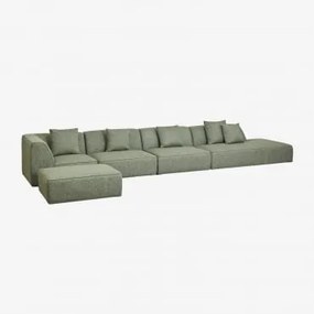 Sofa Narożna Modułowa Cardea 4-częściowa Z Szezlongiem Po Prawej Stronie I Tapicerowanym Pufem Bouclé Salvia Zieleń - Sklum