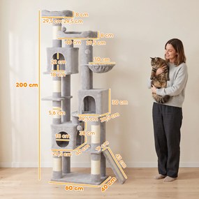 PawHut Duży drapak, 200 cm wys., 2 legowiska, 3 kryjówki, hamak, 3 piłeczki dla 1-3 kotów poniżej 6 kg, jasnoszary | Aosom PL