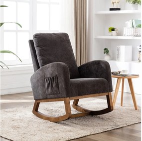 Fotel bujany - Oparcie z tapicerką - Nogi drewniane - Brązowy