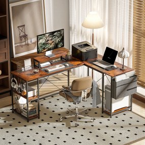 HOMCOM Biurko narożne w kształcie L z półkami regulowanymi i torbą do przechowywania brązowe | Aosom PL