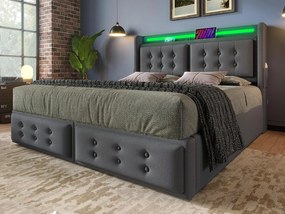 Łóżko z pojemnikiem 140x200cm z tkaniny lnianej - z LED i portami do ładowania - Szare
