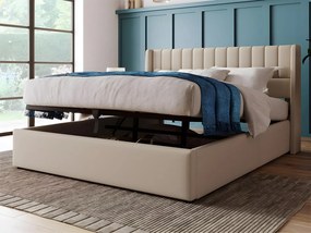 Łóżko tapicerowane 160x200cm z lnu z stelażem na listwach - Beżowe