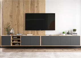 Szafka RTV z 7 drzwiami i 1 wnęką – korpus dąb Wotan, fronty grafit mat – 300 cm