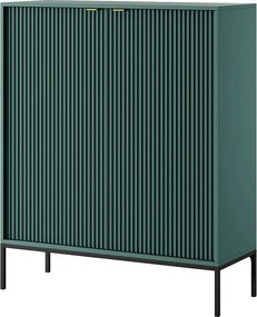 Komoda Wysoka Geriffelt NOVA – 2 drzwi, Highboard z złotymi uchwytami, Labrador, czarne nogi 125x104x39cm - Elegancka do salonu