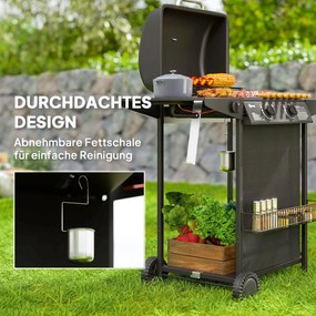 Outsunny Grill Gazowy 7 KW na Wózku z 3 Palnikami i Bocznym Gotowaniem, Pokrywa, 107 x 54 x 96 cm, Czarny
