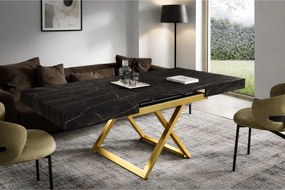 Ławostół 120 cm Ducale U - stół rozkładany do salonu 120-200 cm, regulowana wysokość, złoty stelaż - Black Pietra Grigia
