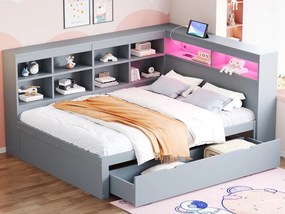 Łóżko z pojemnikiem na pościel z litego drewna 140x200 cm - z LED i gniazdami USB - Szare