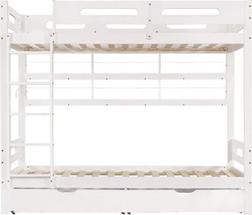 Łóżko piętrowe 90x200 cm - z 2 szufladami - z otwartymi półkami - Drewno lite + MDF - Białe (bez materaca)