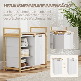 HOMCOM Kosz na pranie z workiem na pranie, szufladą na akcesoria, bambus, 70x36x70 cm, Biały/Drewno