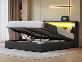 Łóżko z tapicerowanym zagłówkiem z ekoskóry 160x200cm z LED, odtwarzaczem Bluetooth i portami USB - z stelażem na listwach - Czarne