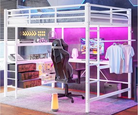 Łóżko mezzanine 140x200cm z LED i gniazdkami - biurko z 3 szufladami i półką - Białe