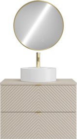 Szafka łazienkowa wisząca z okrągłą umywalką nablatową, baterią i lustrem – beż – 80 cm – DORIONI