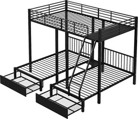 Łóżko piętrowe potrójne z 2 szufladami - łóżko małżeńskie 140 x 200 cm i 2 łóżka pojedyncze 90 x 200 cm - metalowe - czarne