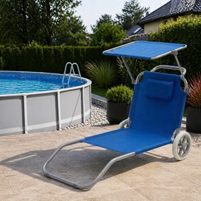 Leżak plażowy Solmare z daszkiem i kołami - składany leżak ogrodowy, niebieski