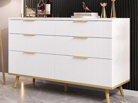 Nowoczesny bufet 120x40x76,5 cm - z 6 szufladami - Nogi drewniane - Płyta wiórowa - Biały i złoty