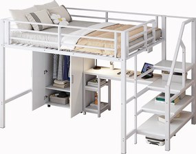 Łóżko mezzanine 140x200 cm z metalu - z biurkiem, szafą i drabiną do przechowywania - Białe