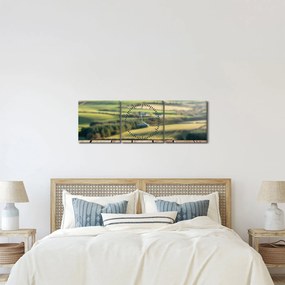 Obraz - Drewniana półka z krajobrazem (z zegarem) (90x30 cm)