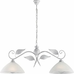 Żyrandol z białego lakierowanego żelaza, zdobienie antyczne srebro, klosze alabastrowe Ø30 cm, 2 światła, 96x30 cm