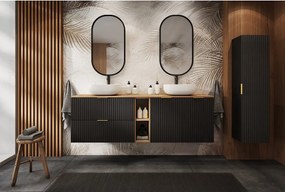 Szafka łazienkowa ryflowana FLOW 140 cm czarna z regałem i blatem dąb craft złoty