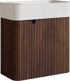 Wisząca szafka pod umywalkę z prążkowanego drewna jesionowego z umywalką z matowej białej żywicy - Ciemny naturalny - 45 x 25 x 48 cm - JONSA