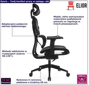 Ergonomiczny czarny fotel biurowy z zagłówkiem i regulowanymi podłokietnikami - Ezeris