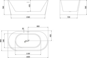 Mexen Oval wanna wolnostojąca przyścienna 160 x 80 cm, biała, przelew złoty - 52671608000-50