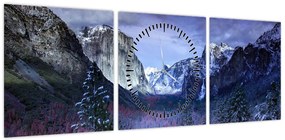 Obraz zimowego górskiego krajobrazu (z zegarem) (90x30 cm)