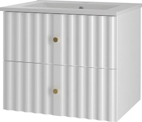 Biały Zestaw Łazienkowy 60cm Szafka z Umywalką Ryflowane Fronty Aqua