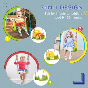 Outsunny Huśtawka dla dzieci 3-w-1 regulowana, z oparciem, pasem bezpieczeństwa, dla dzieci 9-36 miesięcy, zielona | Aosom PL