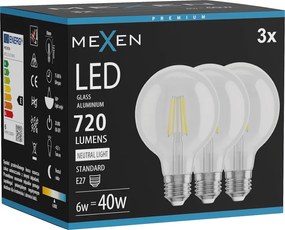Mexen Vintis 3x żarówka filament LED E27, G80, 6W, Neutralna - 4000K, 720 lm, clear - L155-E27-0640-00x03