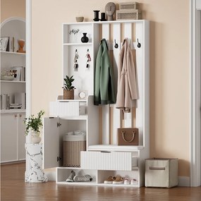 Wieszak 6 w 1 - 100 x 30 x 180 cm - z 8 haczykami + ławka na buty + szuflady - płyta wiórowa - biały