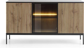 Nowoczesna komoda szeroka z drzwiami i frezowanym frontem 154×83×39 cm, w kolorze Czarny / Dąb Wotan