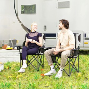 Outsunny Zestaw 2 Składanych Krzeseł Kempingowych z Podłokietnikami, Uchwytem na Napój i Chłodziarką, Czarne