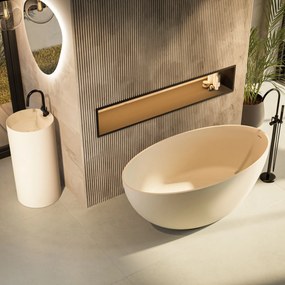 Umywalka z konglomeratu wolnostojąca okrągła beżowa matowa 87 x 44 cm KALMI BEIGE MATT z otworem na baterię : Podłączenie syfonu - Do ściany