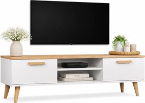 Skandynawska szafka RTV na dębowych nóżkach biały + hikora M1-Z67