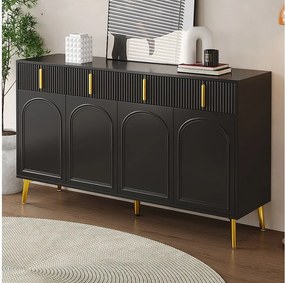 Komoda niska z 4 drzwiami i 4 szufladami - 140 x 37,8 x 82 cm - Złote uchwyty i nóżki - MDF - Czarny