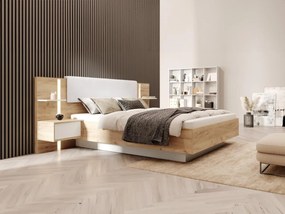 Łóżko z szafkami nocnymi 160 x 200 cm - Z oświetleniem LED - Naturalny i biały + Stelaż + Materac - ELYNIA