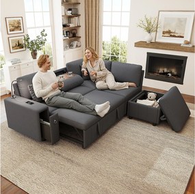 Narożnik rozkładany w kształcie litery L - 213 x 184 x 88 cm - z pufem ze schowkiem + port USB + 2 poduszki - len - szary
