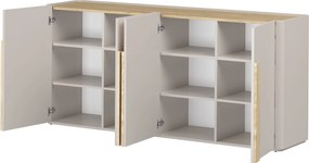 Komoda Amilio 200 cm czterodrzwiowa - kaszmir / dąb olejowany / uchwyty dąb jasny - Wyprzedaż ekspozycji