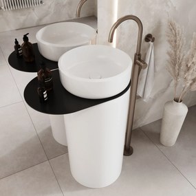 Umywalka z konglomeratu wolnostojąca okrągła 85 x 40 cm z półką metalową RONA bez przelewu : Kolor umywalki RONA - Biały matowy, Podłączenie syfonu - Do ściany, Półka - Metalowa