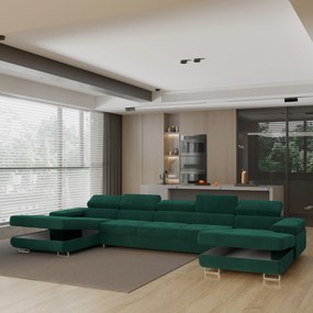 Masseno Narożnik OMBRA z funkcją spania i pojemnikiem na pościel Narozniki U, Rozkładana sofa - Zielony, MONOLITH 37