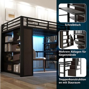 Łóżko piętrowe dla dzieci - 140 x 200 cm - rama żeliwna - z biurkiem + regałem + oświetleniem LED + drabinką - metalowe - czarne