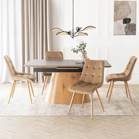 Zestaw Stół Rozkładany Ceramiczny LIZBONA 160-200 cm Czarny/Dąb i 4 Krzesła Tapicerowane RODRI Beżowe
